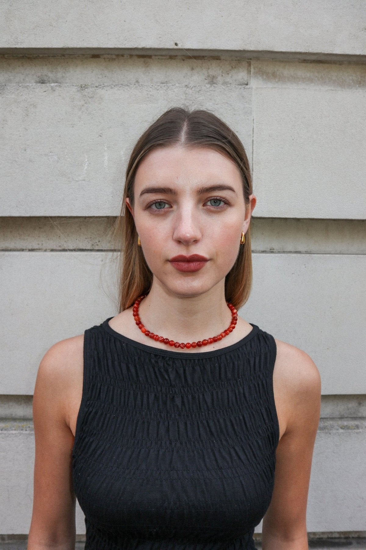 'Agnes' Red Agate Bead Necklace - Lines & Current