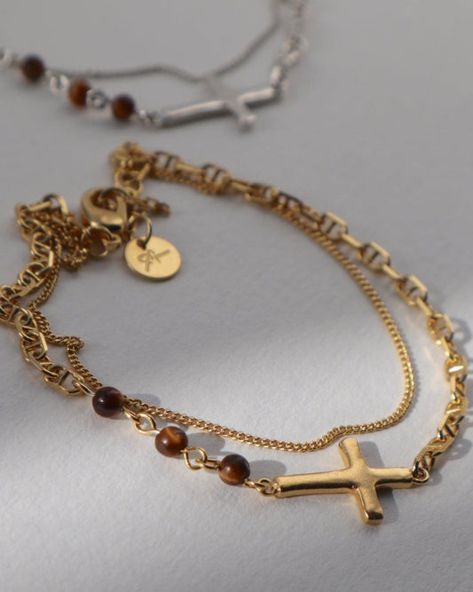 Cross + 'Tiger's Eye' Bracelet