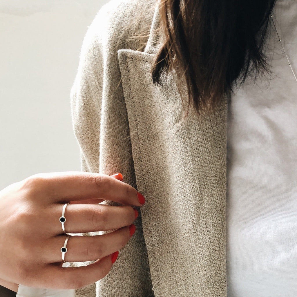 Mona Ring with Small Black Stone | Sterling Silver & 18K Gold-Pated - Lines & Current